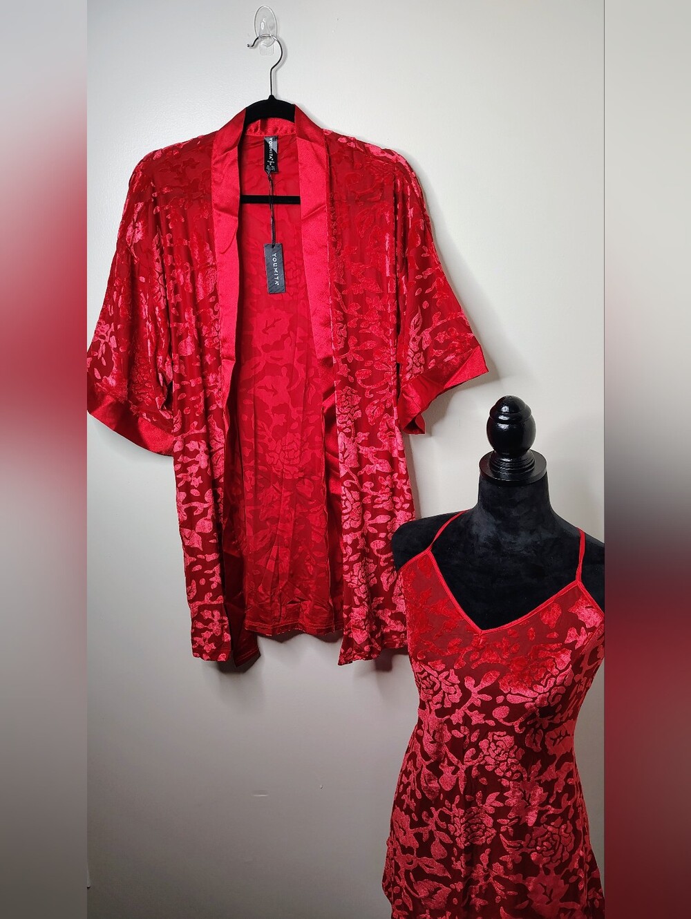 Youmita 3 Piece Red Satin Burnout Floral Lingerie Set Robe Chemise & Thong NWT